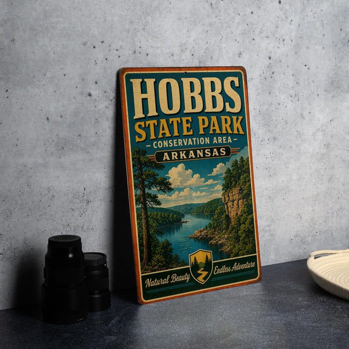 A vintage-style metal sign for Hobbs State Park, featuring a scenic landscape with a river and mountains, is displayed on a gray concrete surface.