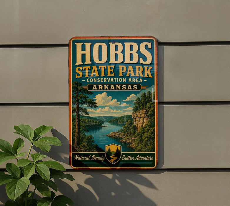A vintage-style metal sign for Hobbs State Park, featuring a scenic landscape with a lake and mountains, is displayed on a wall.
