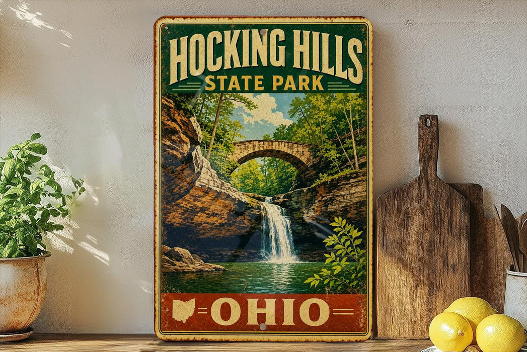 A vintage-style sign for Hocking Hills State Park in Ohio, featuring a scenic image of a waterfall surrounded by lush greenery.