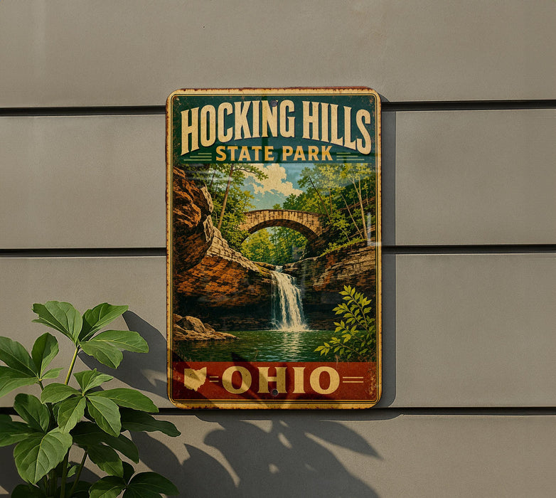 A vintage-style sign for Hocking Hills State Park in Ohio, featuring a scenic image of a waterfall and a bridge.