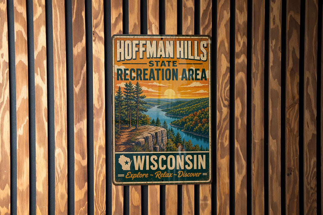 A vintage metal sign for Hoffman Hills State Recreation Area in Wisconsin, featuring a scenic landscape with a river, mountains, and trees.