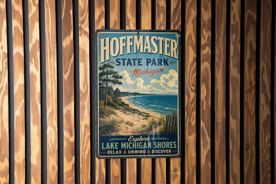 A vintage metal sign for Hoffman State Park in Michigan, featuring a scenic beach landscape with a pine tree and a lake in the background.