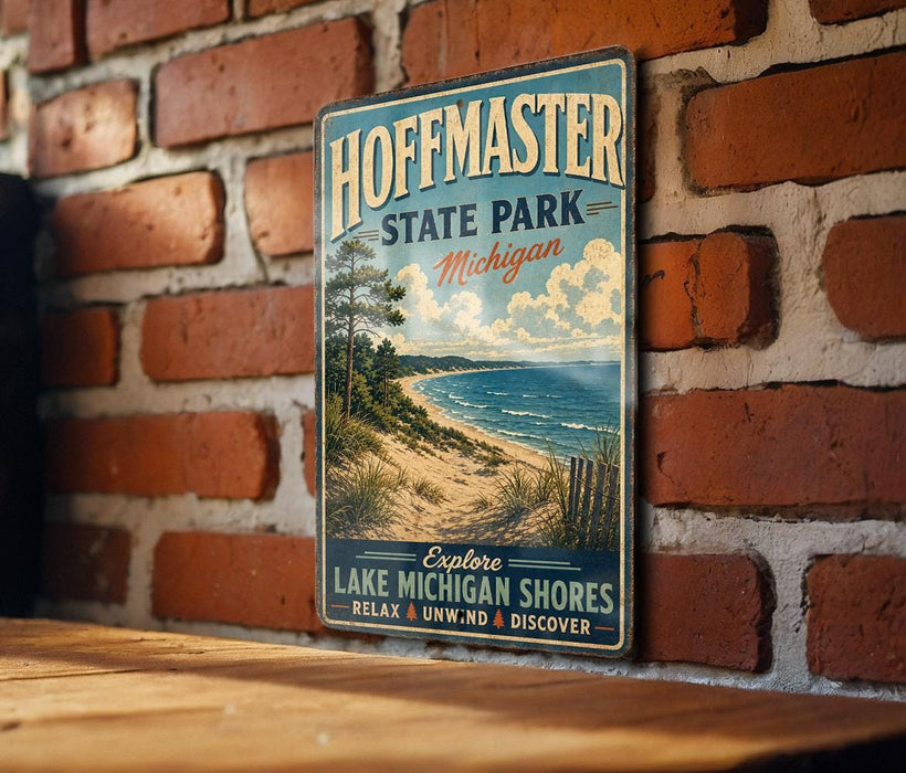 A vintage metal sign for Hoffman State Park, Michigan, featuring a scenic beach landscape with a pine tree and a lake.