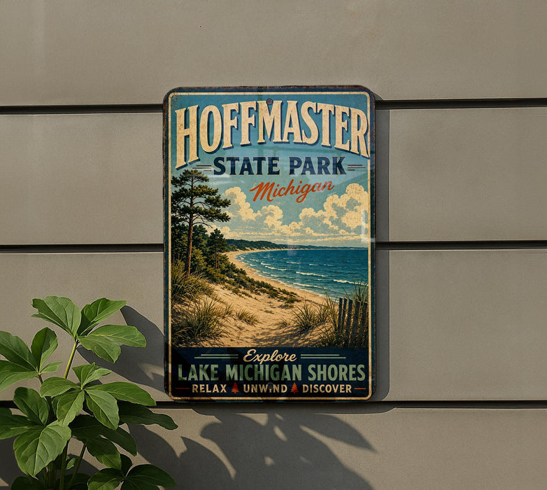 A vintage-style metal sign for Hoffman State Park in Michigan, featuring a scenic beach landscape with a pine tree and a lake.