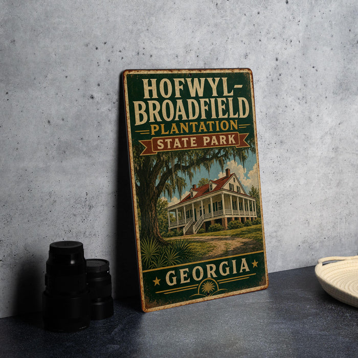 A vintage-style sign for Hofwyll-Broadfield Plantation State Park in Georgia, featuring an illustration of a house surrounded by palm trees.