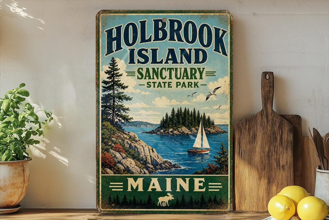 A vintage-style sign for Holbrook Island, Maine, featuring a scenic illustration of a sailboat on the water and a forested island in the background.
