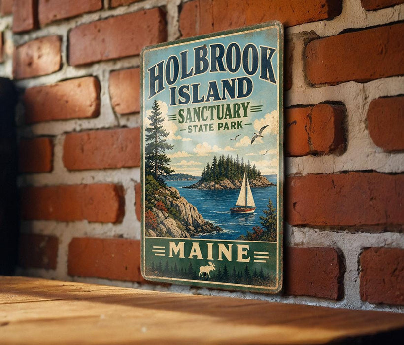A vintage-style metal sign for Holbrook Island, Maine, featuring a scenic illustration of a sailboat on the water and a forested island in the background.