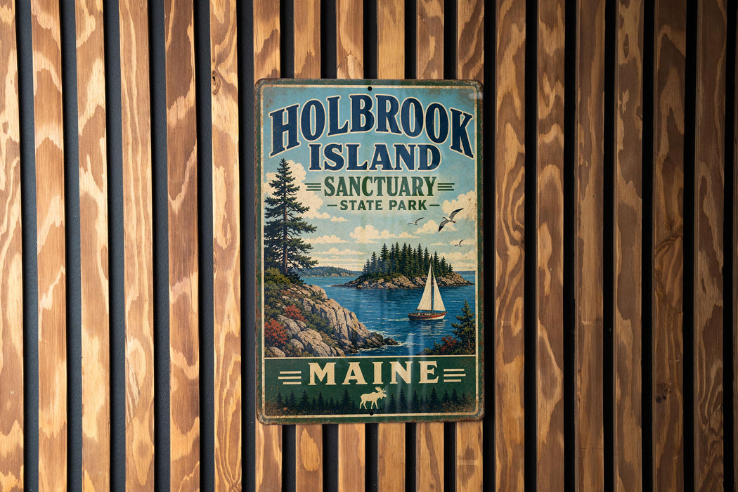 A vintage metal sign for Holbrook Island State Park in Maine, featuring a scenic illustration of a lake, a sailboat, and a forest.