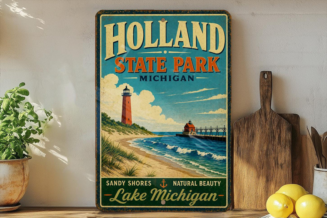 A vintage-style sign for Holland State Park in Michigan, featuring a lighthouse and beach scene, is displayed on a shelf next to a wooden cutting board and some lemons.