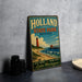 A vintage metal sign for Holland State Park, Michigan, featuring a lighthouse and beach scene.