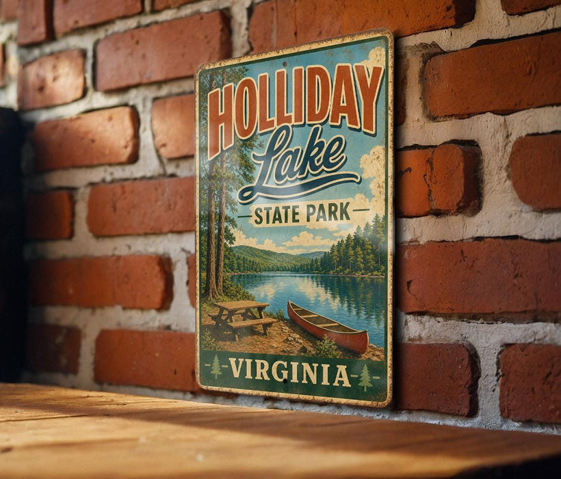 A vintage metal sign for Holliday Lake State Park in Virginia, featuring a scenic image of a lake, trees, and a canoe.