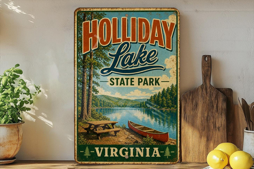 A vintage-style sign for Holliday Lake State Park in Virginia, featuring a scenic image of a lake, trees, and a canoe.