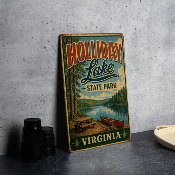 A vintage-style metal sign for Holliday Lake State Park in Virginia, featuring a scenic illustration of a lake, trees, and a picnic table.