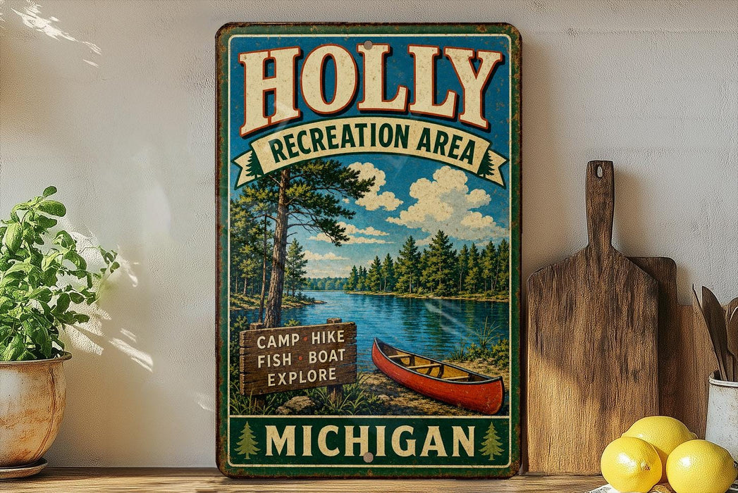 A vintage-style metal sign for the Holly Recreation Area in Michigan, featuring a scenic landscape with a lake, pine trees, and a canoe.