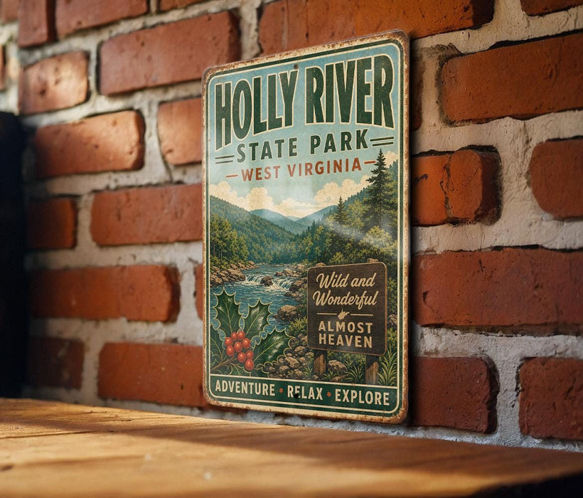 A vintage-style metal sign for Holly River State Park in West Virginia, featuring a scenic mountain landscape and the words "Wild and Wonderful Almost Heaven" and "Adventure Relax Explore".