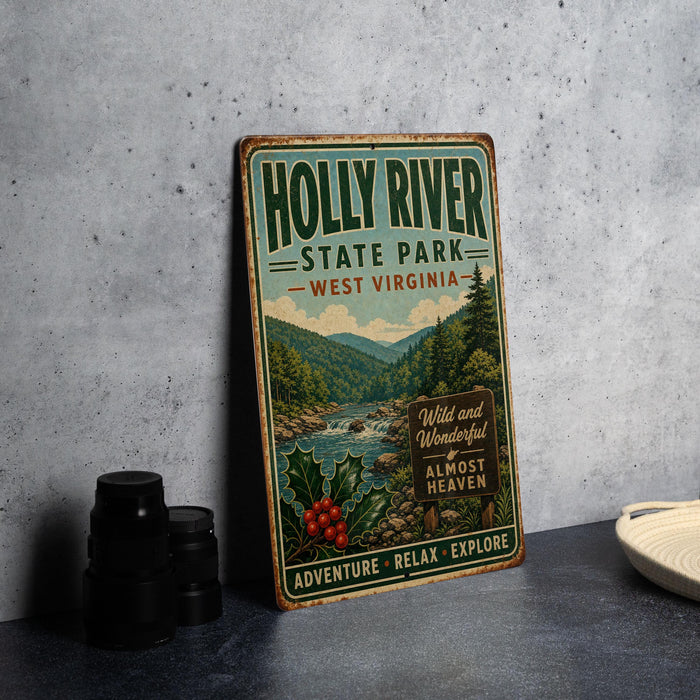 A vintage-style metal sign for Holly River State Park in West Virginia, featuring a scenic illustration of the river and mountains.