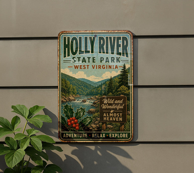 A vintage-style metal sign for Holly River State Park in West Virginia, featuring a scenic illustration of the river and mountains.