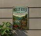 A vintage-style metal sign for Holly River State Park in West Virginia, featuring a scenic illustration of the river and mountains.