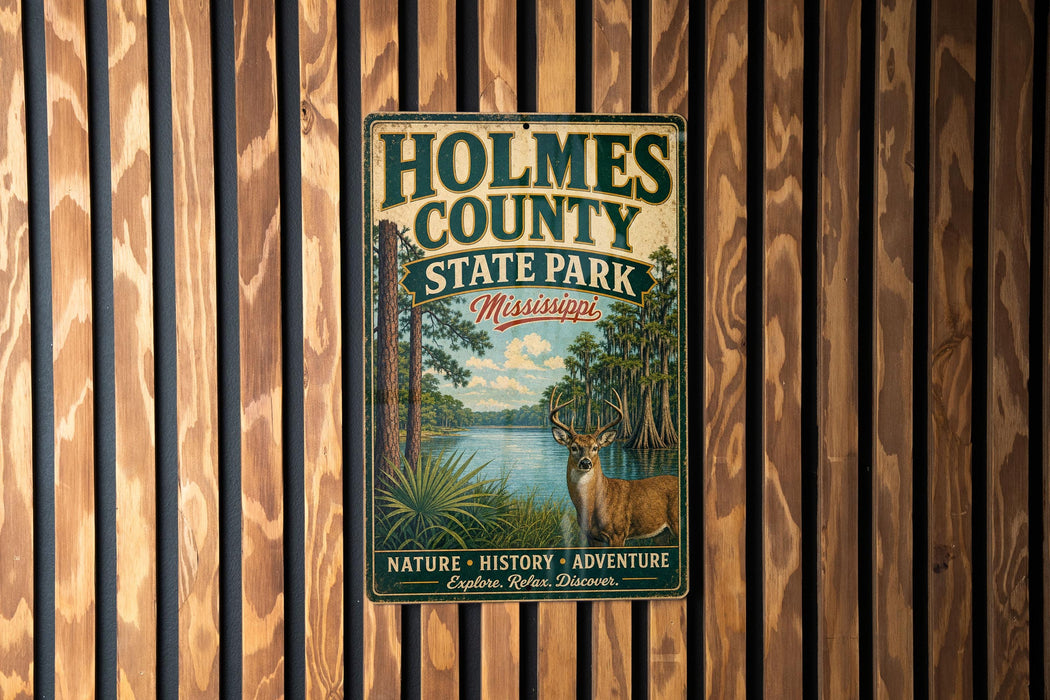 A vintage-style metal sign for Holmes County State Park in Mississippi, featuring an illustration of a deer in a forest setting.