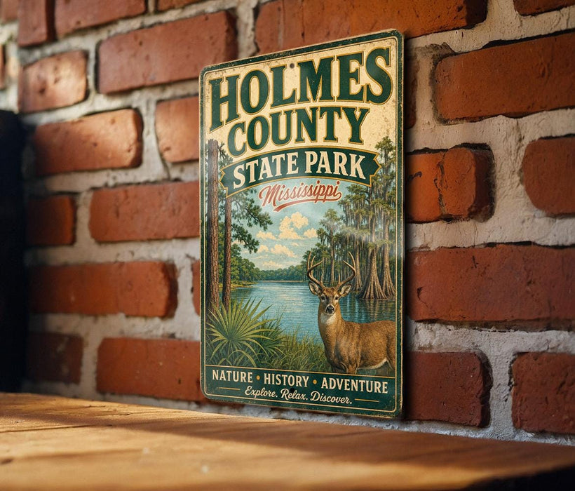 A vintage metal sign for Holmes County State Park in Mississippi, featuring a deer and a landscape with a lake and trees.