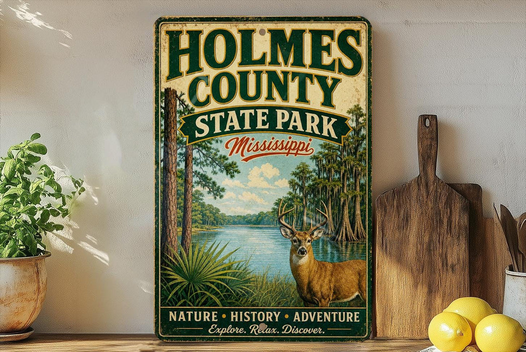 A vintage metal sign for Holmes County State Park in Mississippi, featuring a deer in a natural setting.