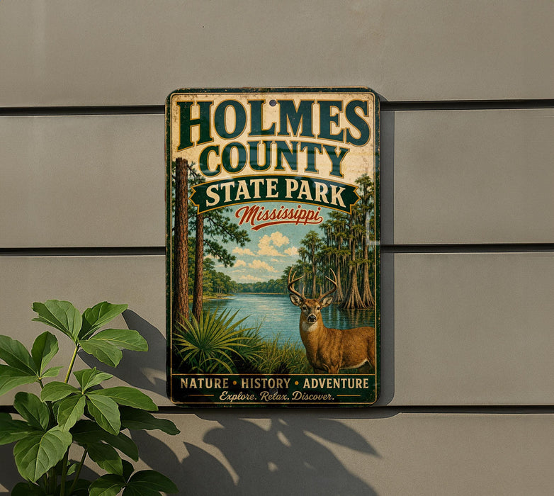 A vintage metal sign for Holmes County State Park in Mississippi, featuring a deer in a natural setting.