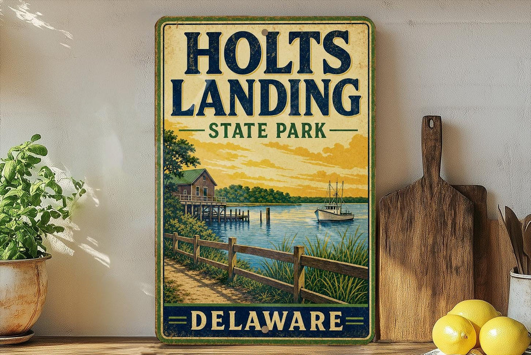 A vintage-style metal sign for Holts Landing State Park in Delaware, featuring a scenic illustration of a lake, dock, and house.