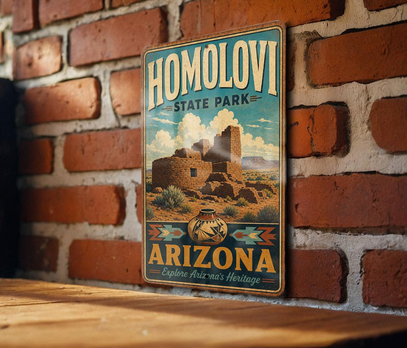 A vintage-style metal sign for Homolovi State Park in Arizona, featuring an illustration of a desert landscape with a castle-like structure in the background.