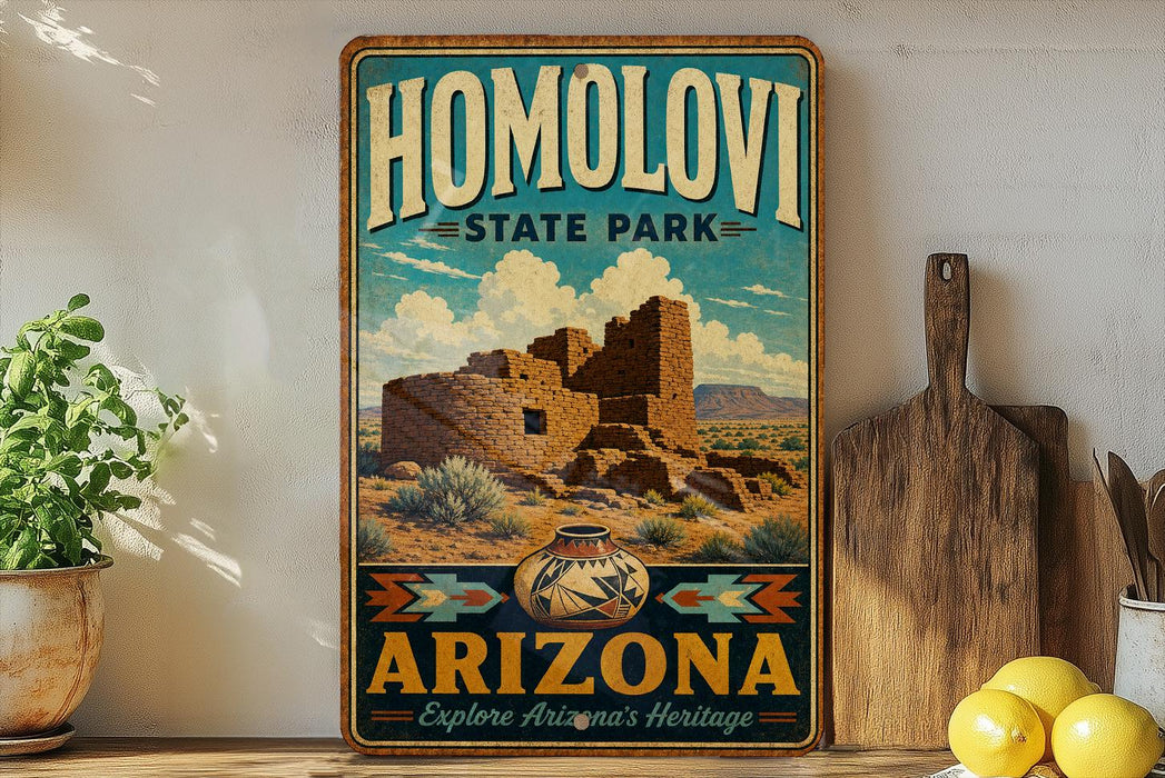 A vintage-style sign for Homolovi State Park in Arizona, featuring an illustration of a desert landscape with a large stone structure and a decorative pot.