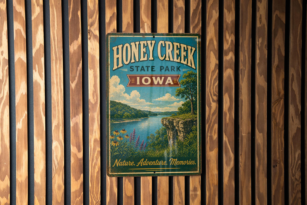 A vintage-style sign for Honey Creek State Park in Iowa, featuring a scenic landscape with a river, cliffs, and wildflowers.