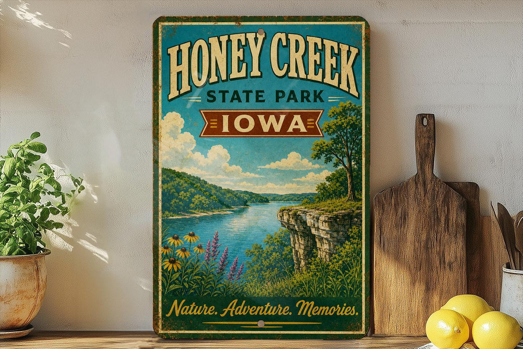 A vintage-style sign for Honey Creek State Park in Iowa, featuring a scenic landscape with a river, cliffs, and wildflowers.