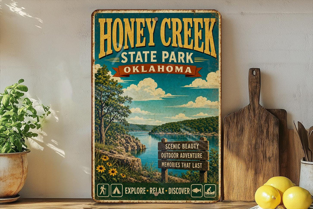 A vintage-style poster advertising Honey Creek State Park in Oklahoma, featuring a scenic landscape with a lake, mountains, and trees.