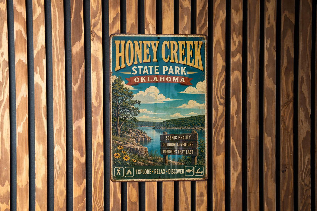 A vintage-style metal sign for Honey Creek State Park in Oklahoma, featuring a scenic landscape with a river, trees, and a cloudy sky.