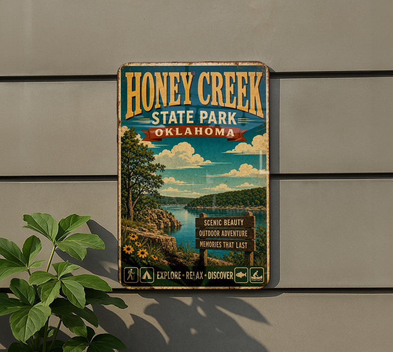 A vintage-style metal sign for Honey Creek State Park in Oklahoma, featuring a scenic landscape with a lake, mountains, and trees.