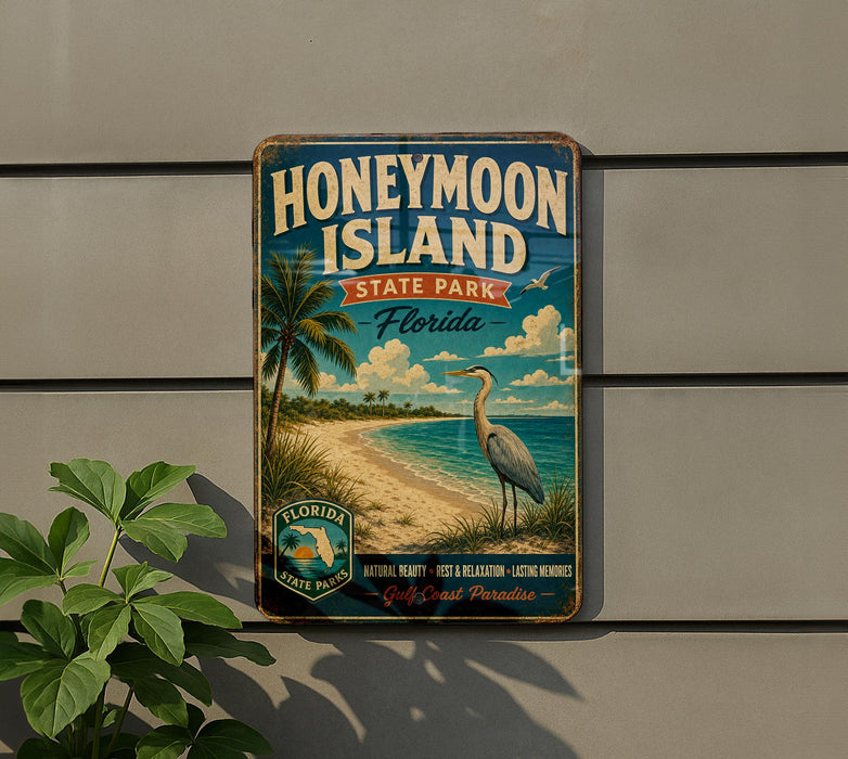 A vintage-style metal sign for Honeymoon Island State Park in Florida, featuring a beach scene with palm trees and a crane, mounted on a wall.