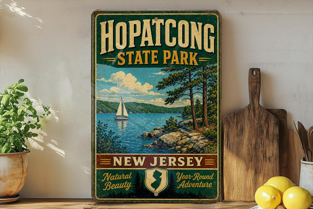 A vintage-style sign for Hopatcong State Park, featuring a scenic image of a sailboat on a lake surrounded by trees and mountains.