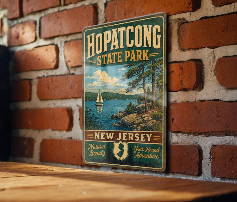 A vintage-style metal sign for Hopatcong State Park in New Jersey, featuring a scenic landscape with a sailboat on the water.