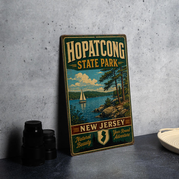 A vintage-style metal sign for Hopatcong State Park, featuring a scenic illustration of a lake and sailboat, is displayed on a gray countertop next to a stack of black camera lenses.