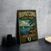 A vintage-style metal sign for Hopatcong State Park, featuring a scenic illustration of a lake and sailboat, is displayed on a gray countertop next to a stack of black camera lenses.