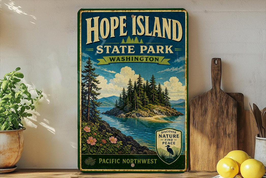 A vintage-style metal sign for Hope Island State Park in Washington, featuring a scenic landscape with pine trees, a lake, and mountains.