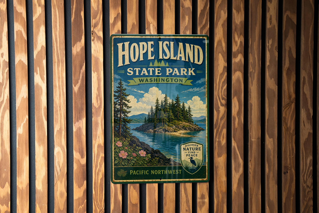 A vintage-style metal sign for Hope Island State Park in Washington, featuring a scenic landscape with pine trees, a lake, and mountains.