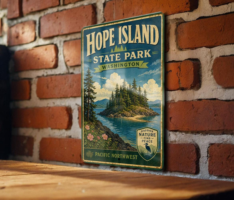 A vintage-style metal sign for Hope Island State Park in Washington, featuring a scenic landscape with a lake, mountains, and pine trees.