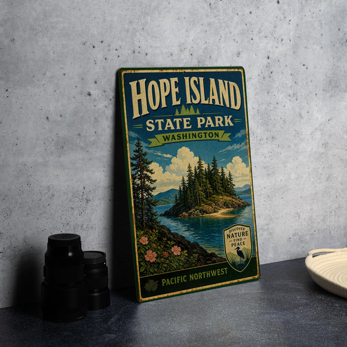 A vintage-style metal sign for Hope Island State Park in Washington, featuring a scenic landscape with a small island, pine trees, and a body of water.