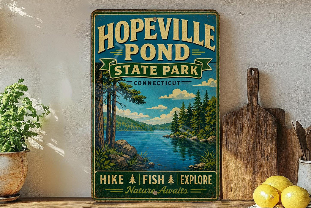 A vintage-style sign for Hopeville Pond State Park in Connecticut, featuring a scenic landscape with a lake, pine trees, and mountains.