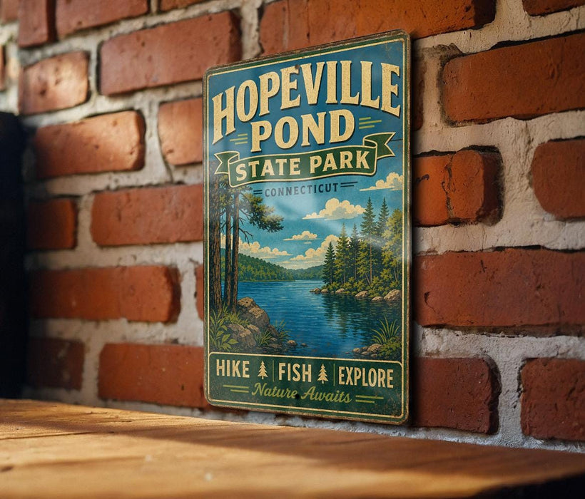 A vintage-style metal sign for Hopeville Pond State Park in Connecticut, featuring a scenic landscape with a lake, trees, and mountains.