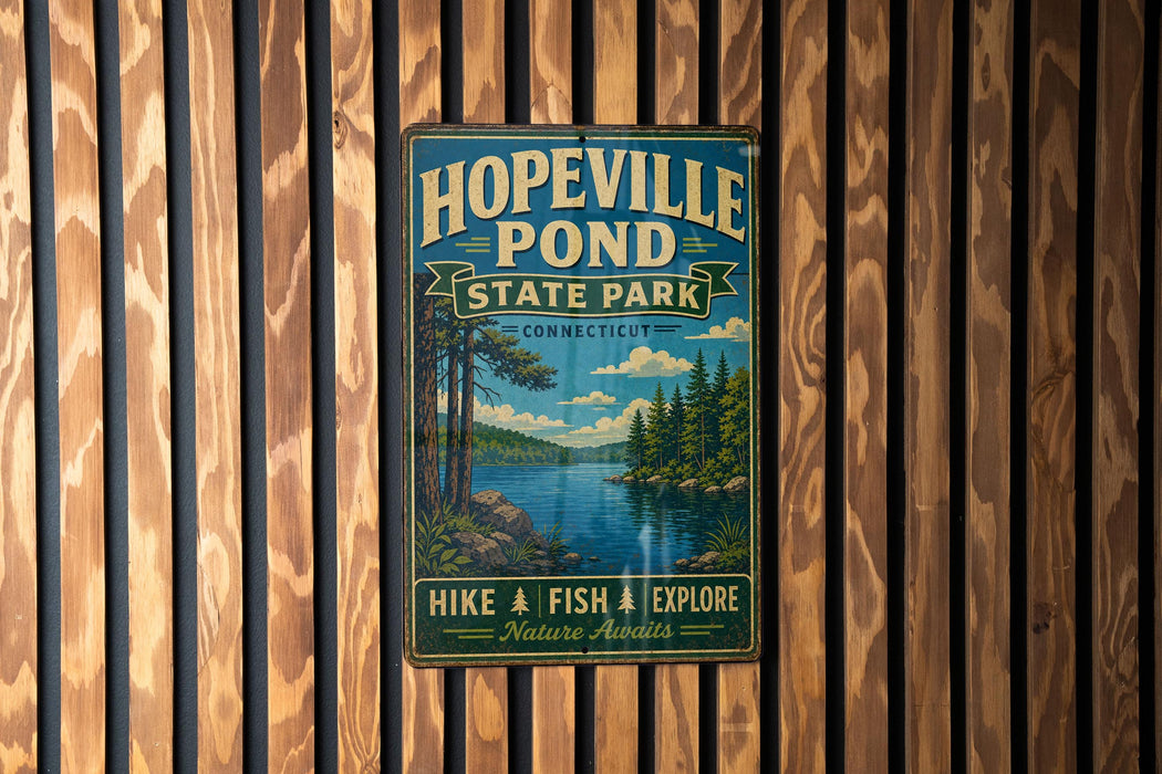 A vintage-style metal sign for Hopeville Pond State Park in Connecticut, featuring a scenic landscape with pine trees, a lake, and mountains.