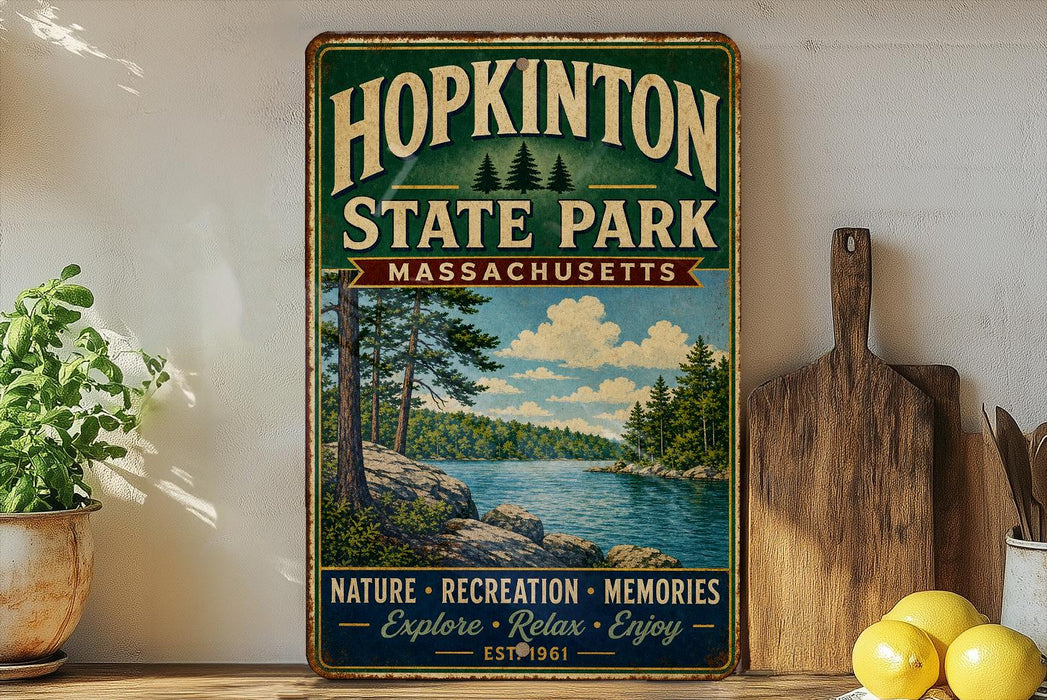 A vintage-style metal sign for Hopkinton State Park in Massachusetts, featuring a scenic landscape with pine trees, a lake, and mountains.