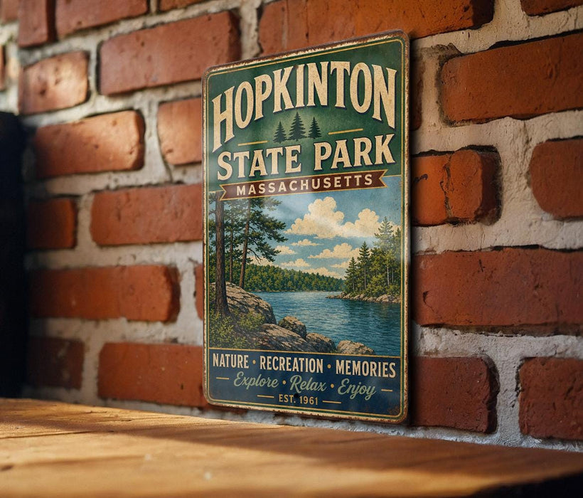 A vintage metal sign for Hopkinton State Park in Massachusetts, featuring a scenic landscape with a lake and pine trees.