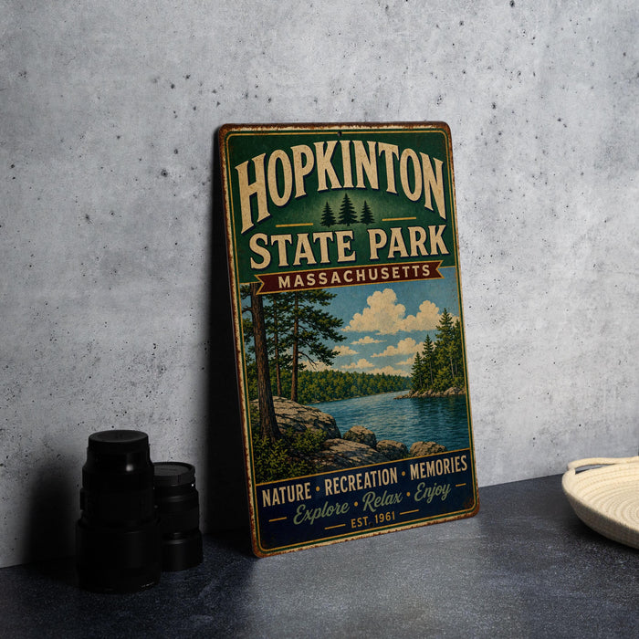 A vintage metal sign for Hopkinton State Park in Massachusetts, featuring a scenic landscape with pine trees, a lake, and mountains.