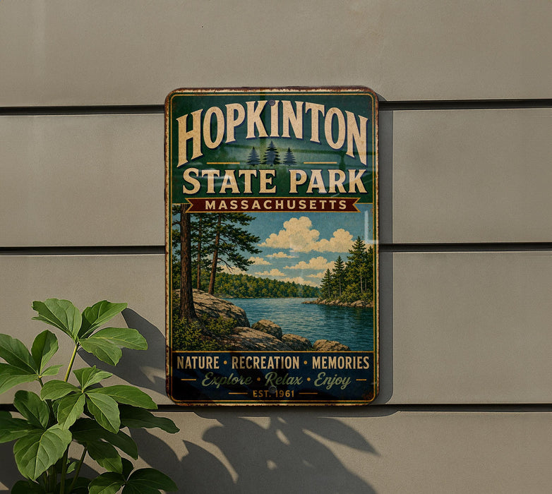 A vintage metal sign for Hopkinton State Park in Massachusetts, featuring a scenic landscape with a lake and pine trees.